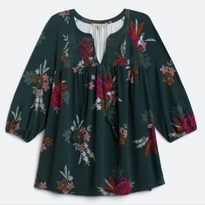 DANIEL RAINN Elowen Smocked Tassel Detail Knit Top Floral Green 3/4 Slee…